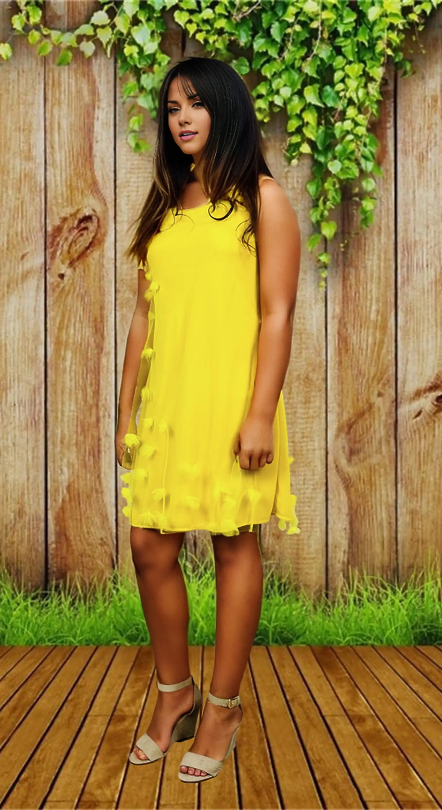 Vestido amarillo de tul con flores en 3D